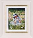 Framed painting of a young girl in a field of flowers