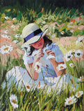 Painting of a young girl in a sun hat sitting among flowers