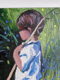 Artistic depiction of a person with a staff in a natural setting with flowers and foliage.