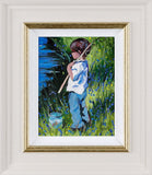 Framed painting of a child holding a fishing rod in a natural setting.