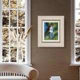 Framed artwork of a child by a window with decorative elements