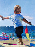 Painting of a child running on a beach with a colorful umbrella and ocean view.