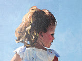 Illustration of a child holding a bird against a blue sky