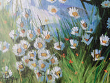 Illustration of daisies in a field with a blue sky.