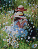 Two girls in hats sitting among flowers in a field
