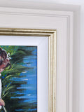 Framed painting of a woman with a blue background