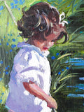 Artistic depiction of a young girl with a white blouse and dark hair, surrounded by green foliage.