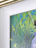 Close-up of a painting with blue and green abstract patterns on a white background.