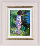 Framed painting of a child holding a fishing net in a natural setting.