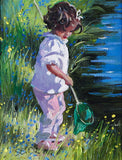 Painting of a child in a garden holding a green net.