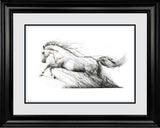 Framed black and white drawing of a horse in motion
