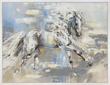 Abstract painting of two horses rearing on a textured background