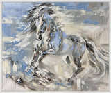 An abstract painting of a horse in motion, rendered with expressive brushstrokes in blue, white, gray, beige, and black. The horse is depicted from the chest up, with dynamic, flowing forms and a light gray border around the artwork.