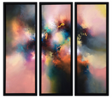 Three abstract art pieces with colorful smoke-like patterns in black frames.