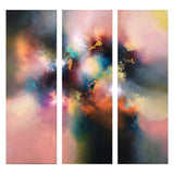 A three-panel abstract wall art set featuring fluid, colorful paint washes in pink, peach, blue, teal, gold, black, and gray tones.