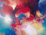 Abstract artwork with a mix of red, blue, yellow, and white colors.