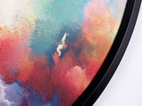 Close-up of a colorful abstract painting with vibrant red, blue, and yellow hues.
