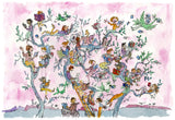 A whimsical watercolor illustration of a large tree with many children perched on its branches reading