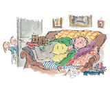 A man Curled up on a sofa with a cat with two children peering round the door