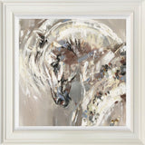 Abstract painting of a horse's head in neutral tones with cream frame