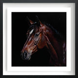 Framed artwork of chestnut horse portrait on dark background
