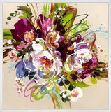 Abstract floral painting with vibrant colours on a beige background