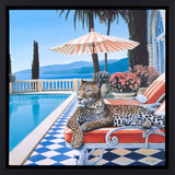 Leopard lounging on a red chair by a pool with palm trees and flowers in the background