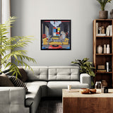 Modern living room with a gray sectional sofa, wooden coffee table, and decorative items.