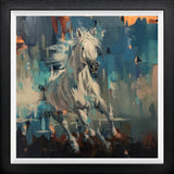 Framed Artistic depiction of a horse in motion with abstract background