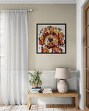 framed dog portrait on cream wall above a wooden sideboard