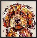 Colourful abstract painting of a dog's face on a beige background