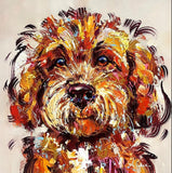 Colourful abstract painting of a dog's face on a beige background