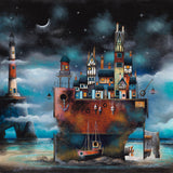 Houses on a boat at night with a light house