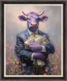 Framed wall art featuring a cow in a suit holidng money framed