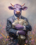 A cow holding money mounted