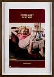 Framed artwork of a woman sitting on a couch with text 'You are always on my mind' and 'Annoyingly'.