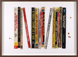 Framed artwork of graphic book ends overlayed with text.