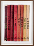 Framed artwork of books with explicit text on a white background