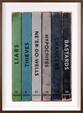 Framed artwork of colourful  bookends overlayed with text.