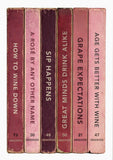 Artwork of set of six wine-themed book spines with humorous titles on a white background