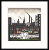A framed art print featuring a stylized illustration of a town square with brick buildings, smokestacks, and a large ice rink filled with small figures skating. The print is presented with a wide white mount and a black frame. Sean Durkin artwork