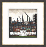 A framed art print depicting a stylized industrial city scene with brick buildings, smokestacks, and a large crowd in the foreground, shown with a wide white mount and dark wood frame.