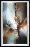 Abstract artwork featuring a dramatic central burst of white and light blue light, surrounded by textured dark gray and brown 
