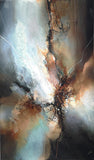Abstract artwork featuring a dramatic central burst of white and light blue light, surrounded by textured dark gray and brown 