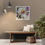 Living room interior with a wooden bench, floral painting, and decorative items.