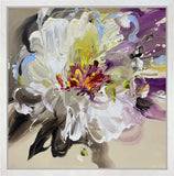 Abstract painting of a flower with white, purple, and yellow colors on a beige background.