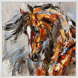 Abstract painting of a horse with dynamic brushstrokes in brown, orange, and blue.