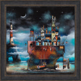 Houses in the night sky on a boat with a lighthouse