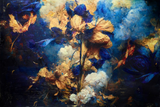 An abstract floral painting  in deep blue, gold, cream, and black, depicting stylized flowers and foliage.