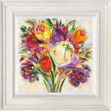 Framed artwork of colourful tulips on a white background